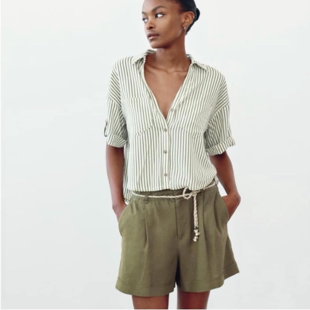 Zara White Shirt with Olive Green Stripes